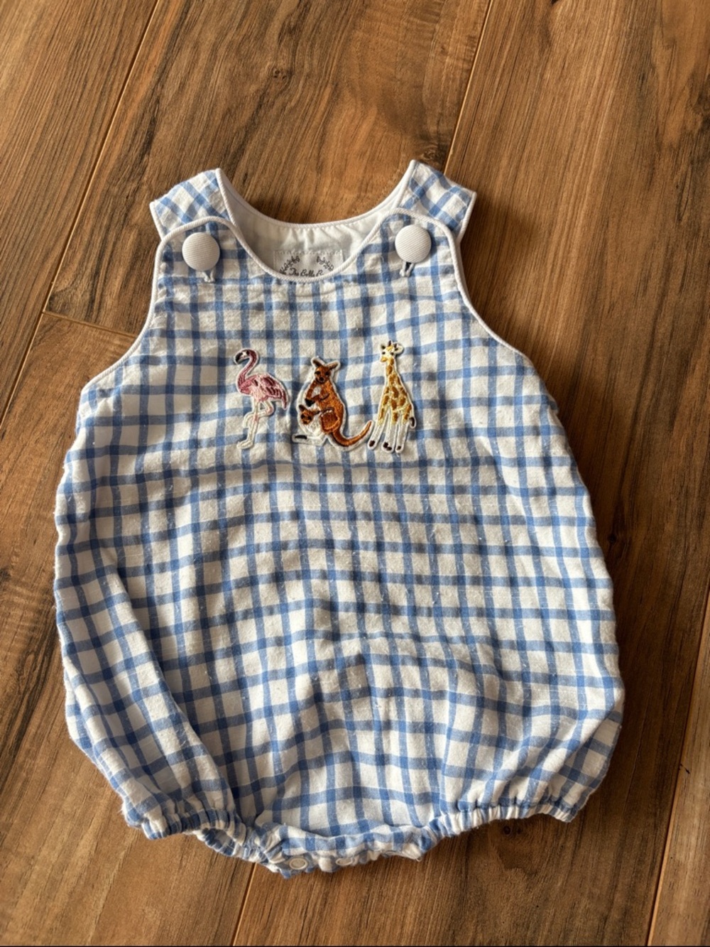 Blue Check Cotton Baby One-Piece with Zoo Animal Appliqués